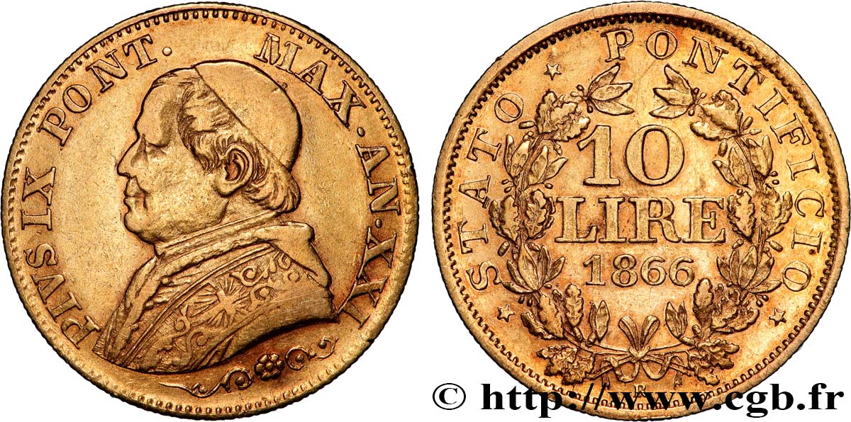 VATICANO Y ESTADOS PONTIFICIOS 10 Lire Pie IX an XXI 1866 Rome MBC 