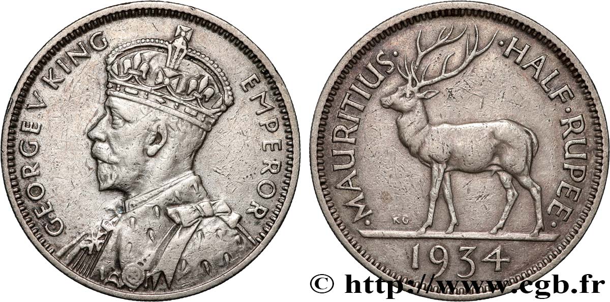 MAURITIUS 1/2 Rupee (Roupie) Georges V 1934  BB 