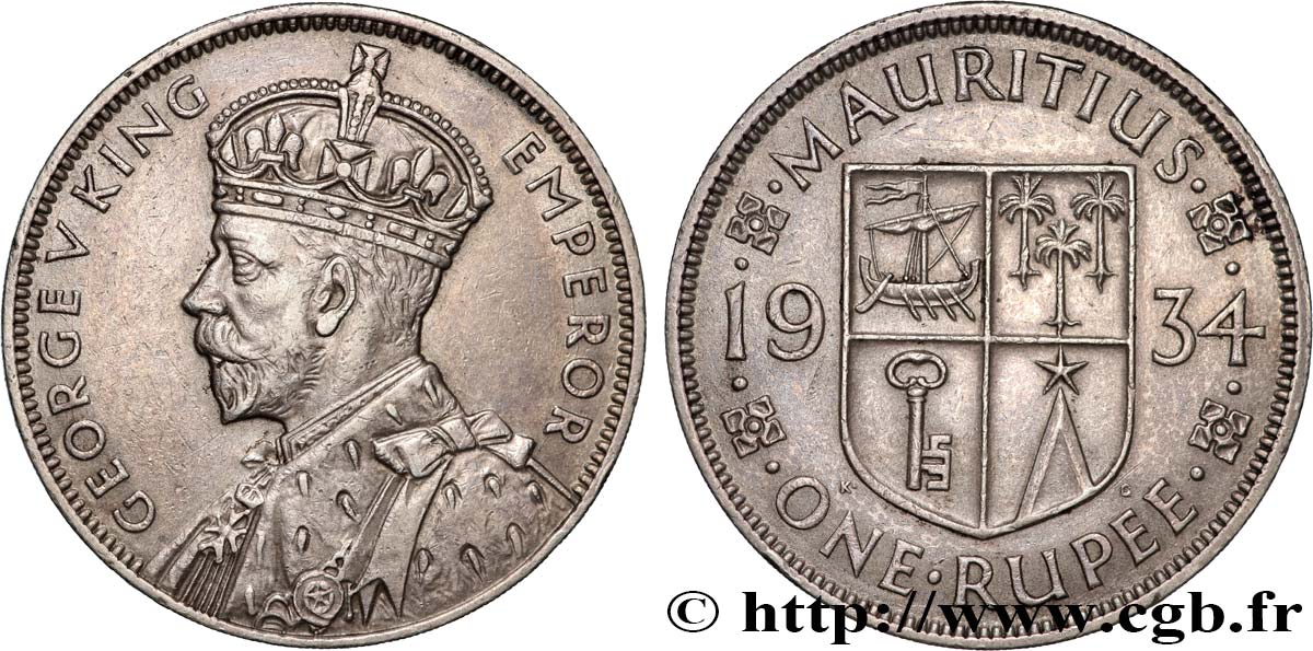 MAURITIUS 1 Rupee (Roupie) Georges V 1934  AU 