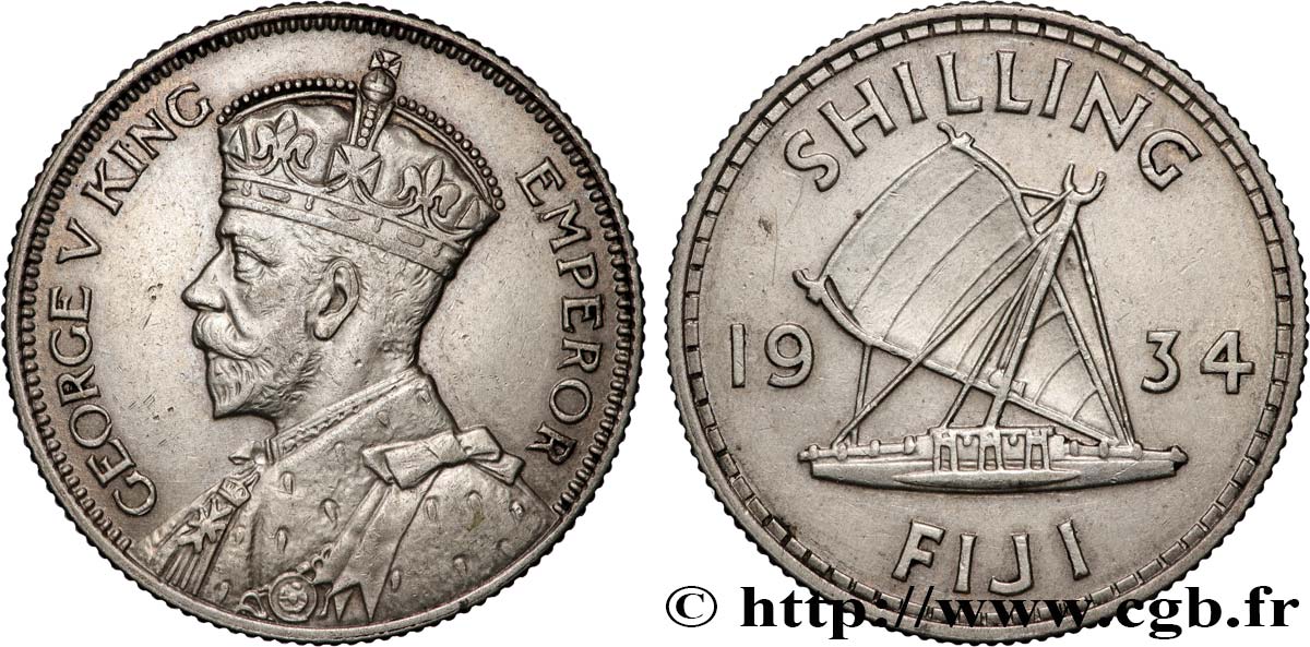 FIDJI 1 Shilling Georges  V / voilier traditionnel 1934  TTB 