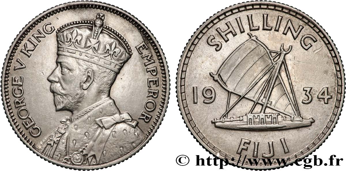 FIDJI 1 Shilling Georges  V / voilier traditionnel 1934  TTB 