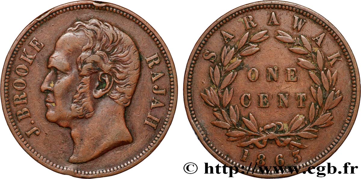 SARAWAK 1 Cent Sarawak Rajah James Brooke 1863 Birmingham TTB 