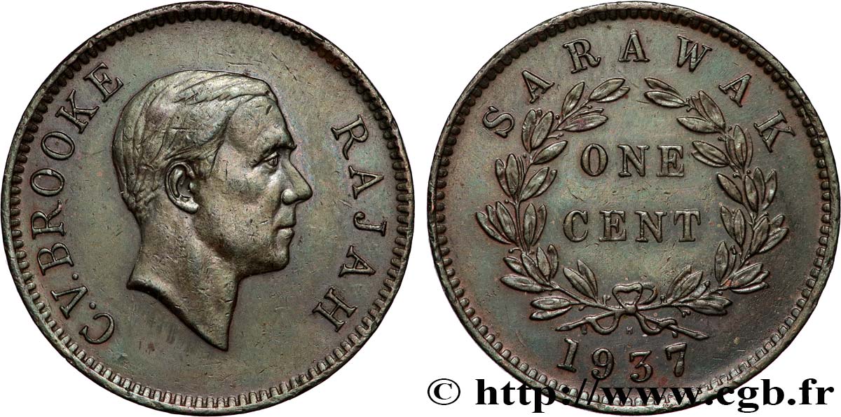 SARAWAK 1 Cent Sarawak Rajah C.V. Brooke 1937 Heaton MBC+ 