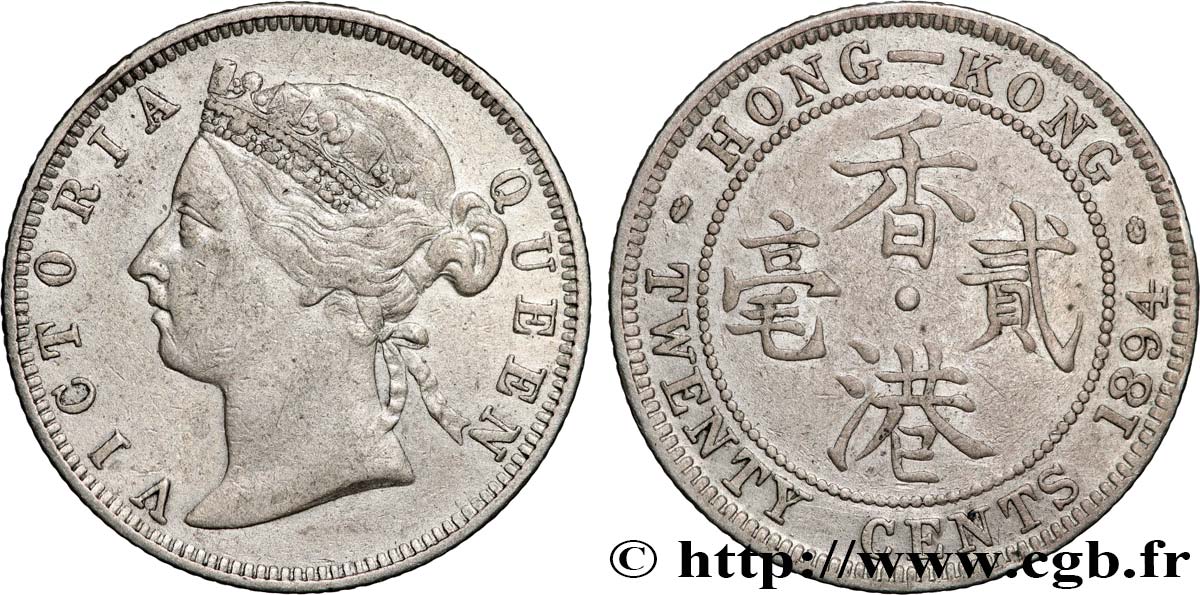 HONG KONG 20 Cents Victoria 1894  XF 