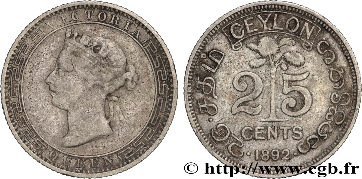 CEYLON 25 Cents Victoria 1892  XF 