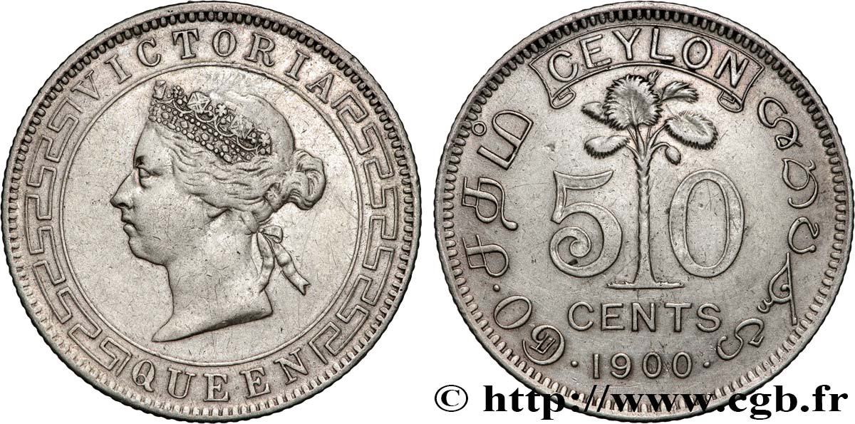CEYLON 50 Cents Victoria 1900  XF 
