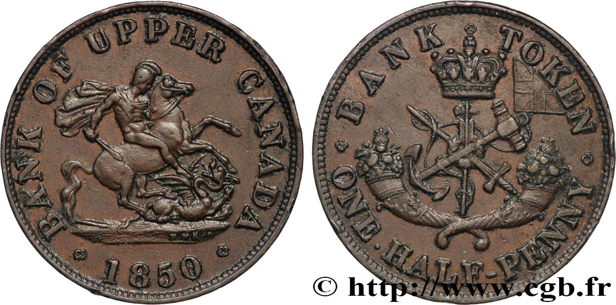 CANADA 1/2 Penny token Bank of Upper Canada 1850 Heaton TTB+ 