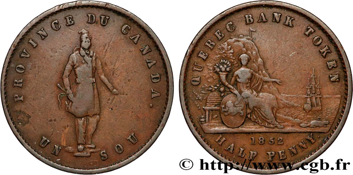 CANADA 1 Sous (1/2 Penny) Province du Bas Canada Québec Bank 1852 Boulton & Watt TB+ 