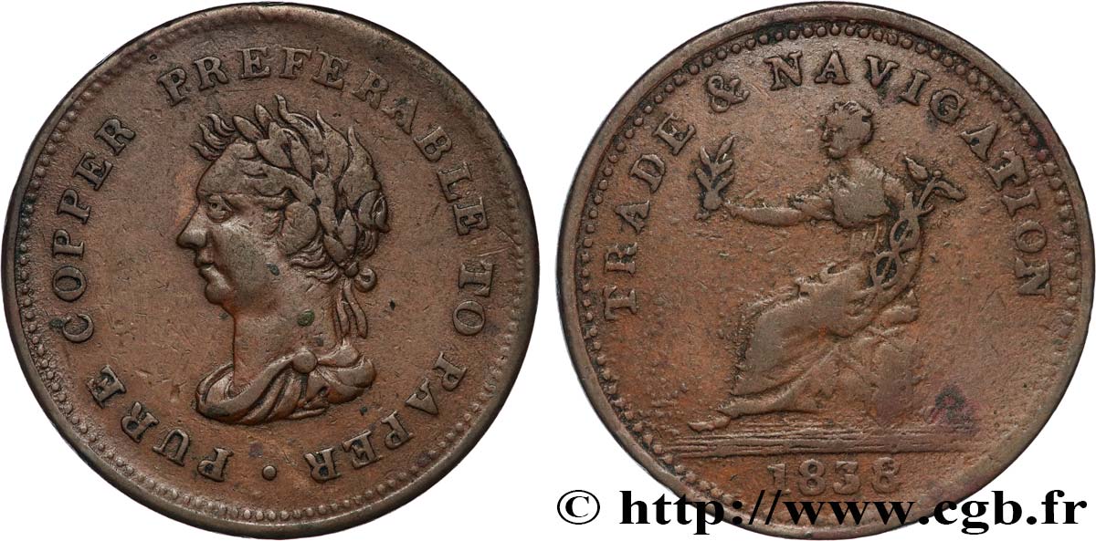 BRITISH TOKENS OR JETTONS 1 Penny - Trade Navigation (Canada) 1838  VF 