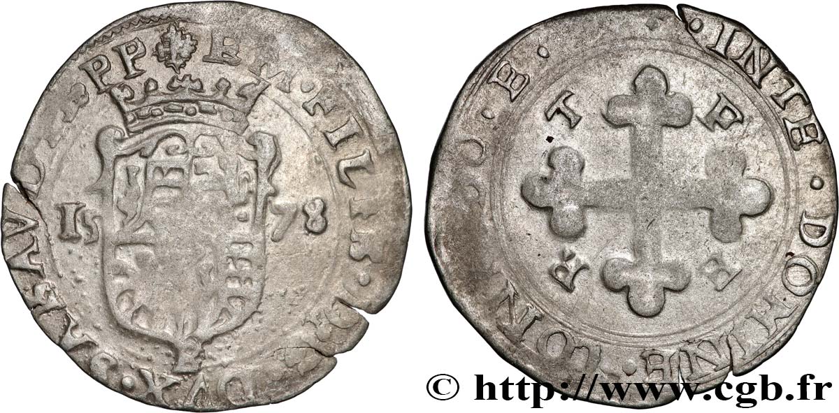 HERZOGTUM SAVOYEN - EMMANUEL PHILIBERT Blanc de 4 sols, 2e type (bianco, o da 4 soldi di II tipo) 1578 Bourg-en-Bresse SS 