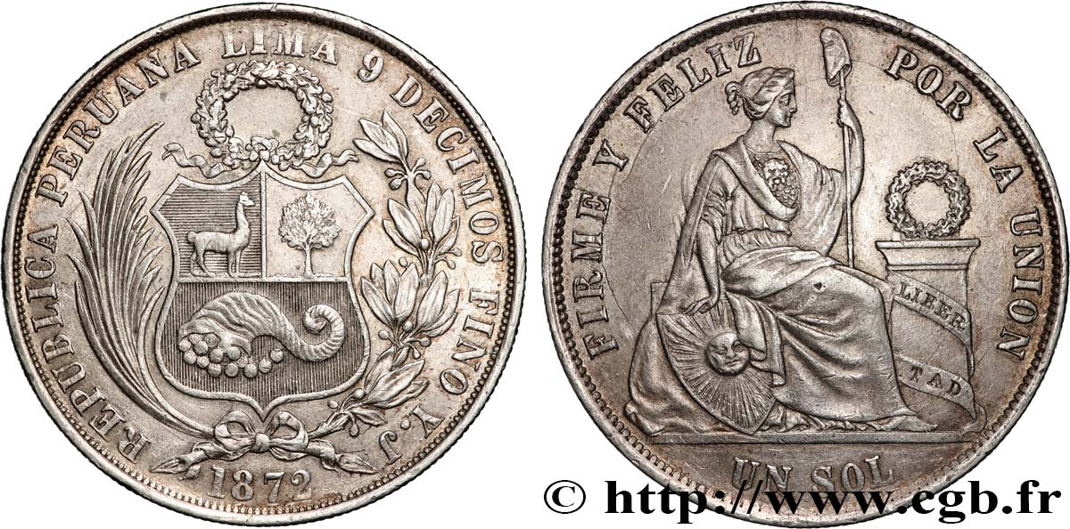 PERú 1 Sol “Liberté” assise 1872 Lima MBC+ 