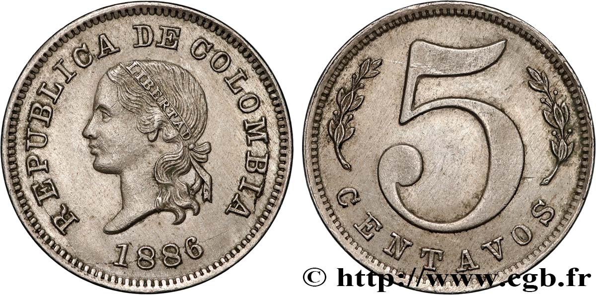 COLOMBIA 5 Centavos tête de la Liberté 1886 Waterbury MBC+ 