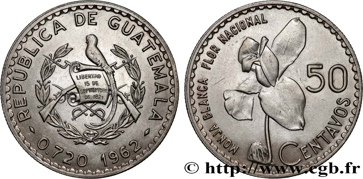 GUATEMALA 50 Centavos orchidée Monja Blanca 1962  SC 