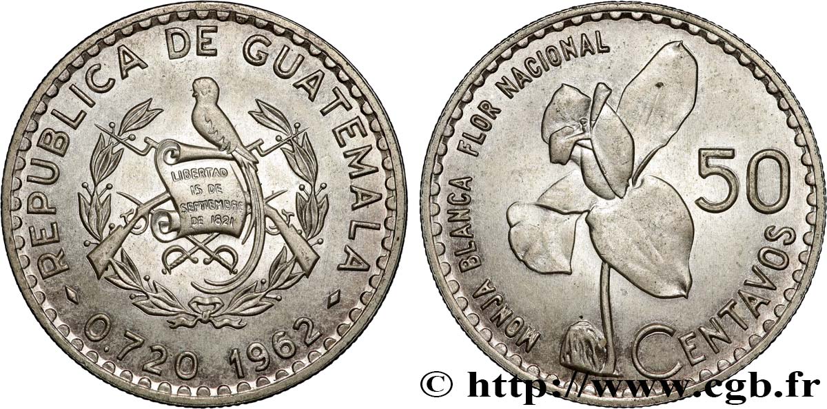 GUATEMALA 50 Centavos orchidée Monja Blanca 1962  MS 