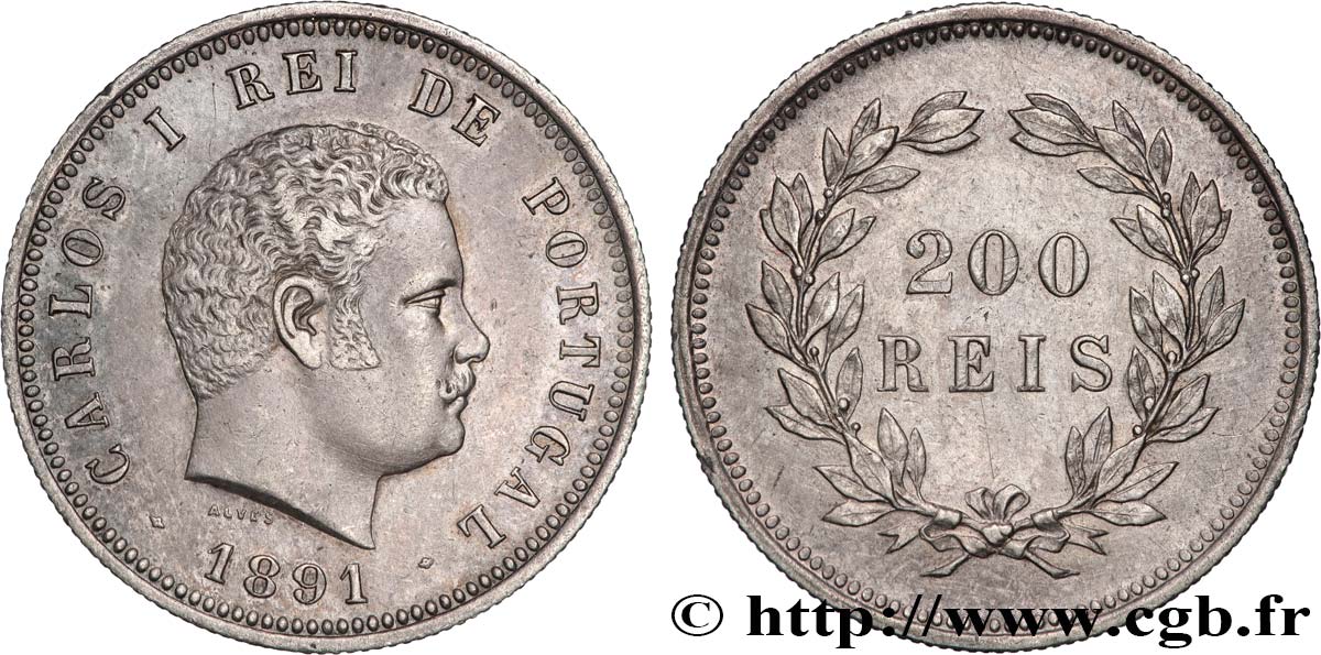 PORTUGAL - ROYAUME DU PORTUGAL - CHARLES Ier 200 Réis  1891  TTB+ 