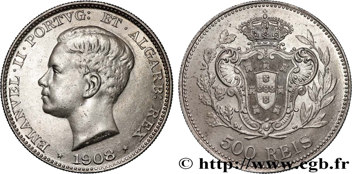 PORTUGAL 500 Réis Manuel II 1908  TTB+ 