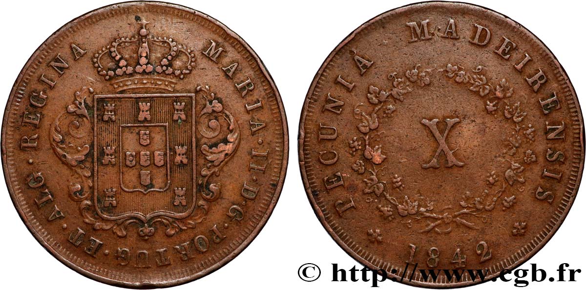 MADEIRA 10 Réis Marie II 1842  XF 