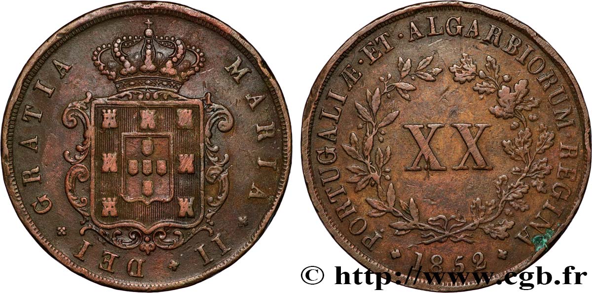 PORTUGAL -MARIE II  20 Reis  1852  BB 