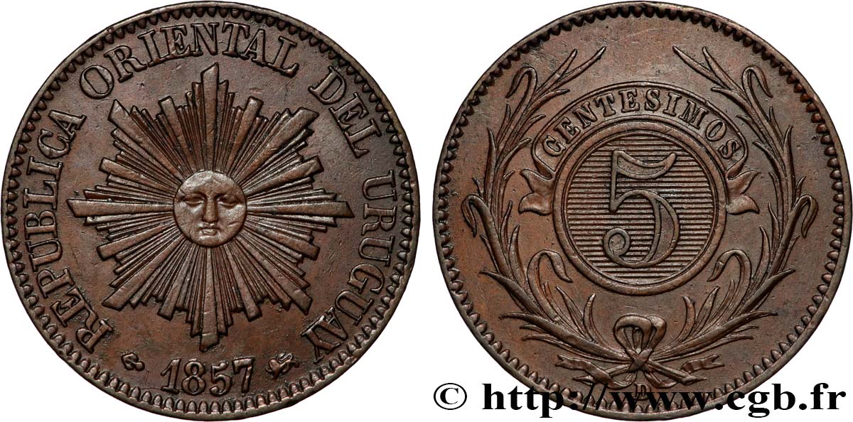 URUGUAY 5 Centesimos Soleil 1857 Lyon - D SPL 