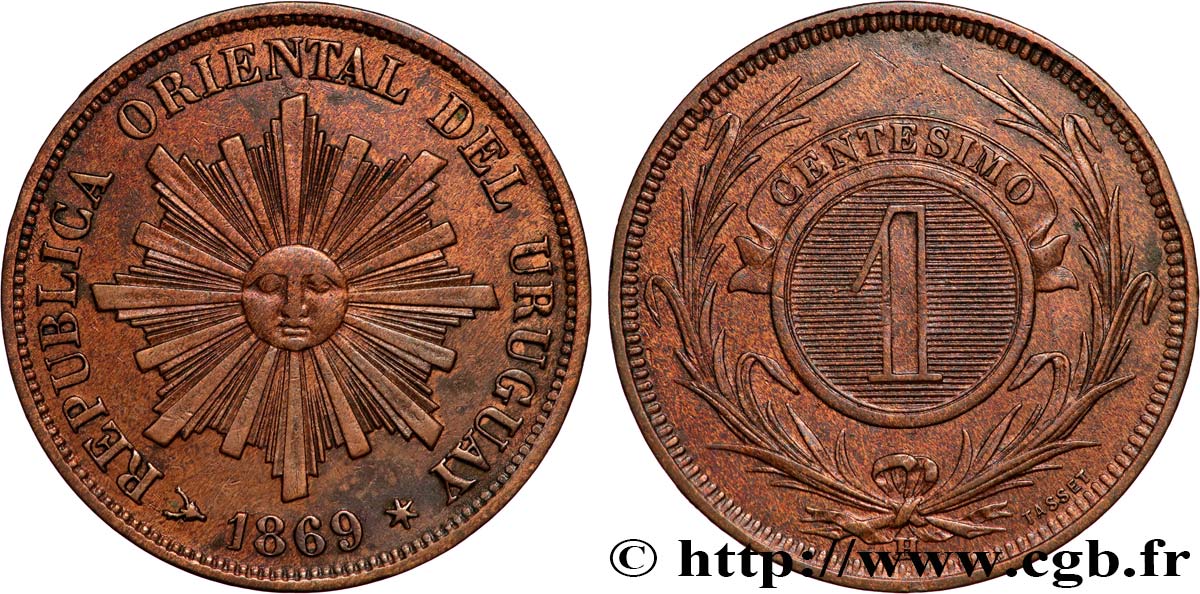 URUGUAY 1 Centesimo soleil 1869 Heaton q.SPL 