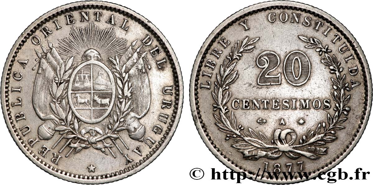 URUGUAY 20 Centesimos 1877 Paris MBC 