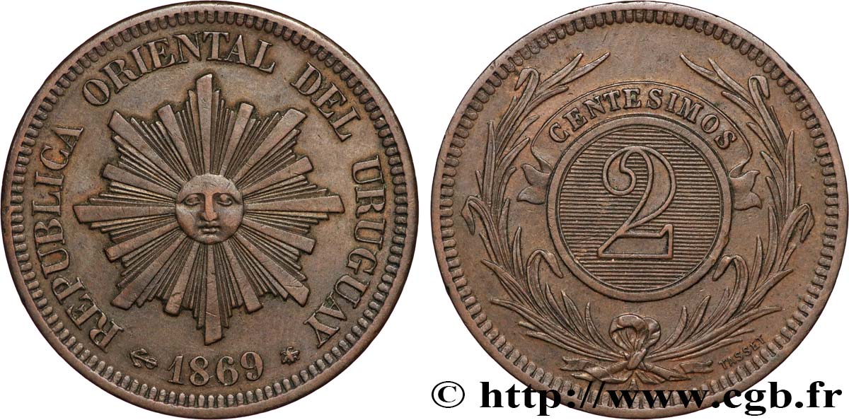 URUGUAY 2 Centesimos soleil 1869 Paris EBC 