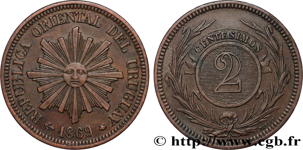 URUGUAY 2 Centesimos soleil 1869 Paris EBC 