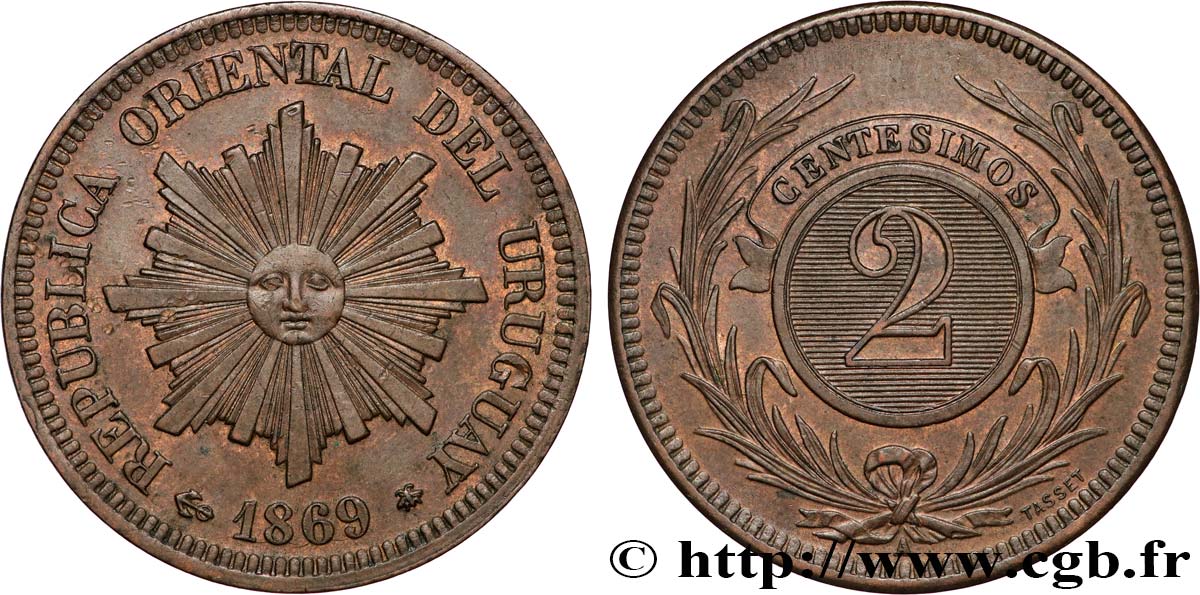 URUGUAY 2 Centesimos soleil 1869 Paris SPL 