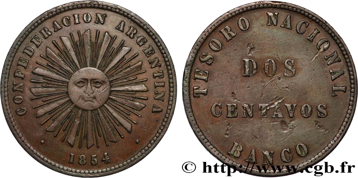 ARGENTINE 2 Centavos Confédération Argentine soleil 1854 Birmingham TTB+ 