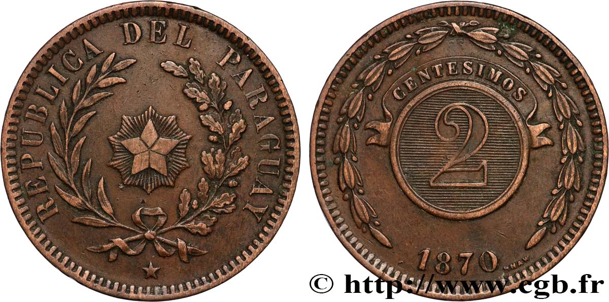 PARAGUAY 2 Centesimos 1870 Birmingham MBC+ 