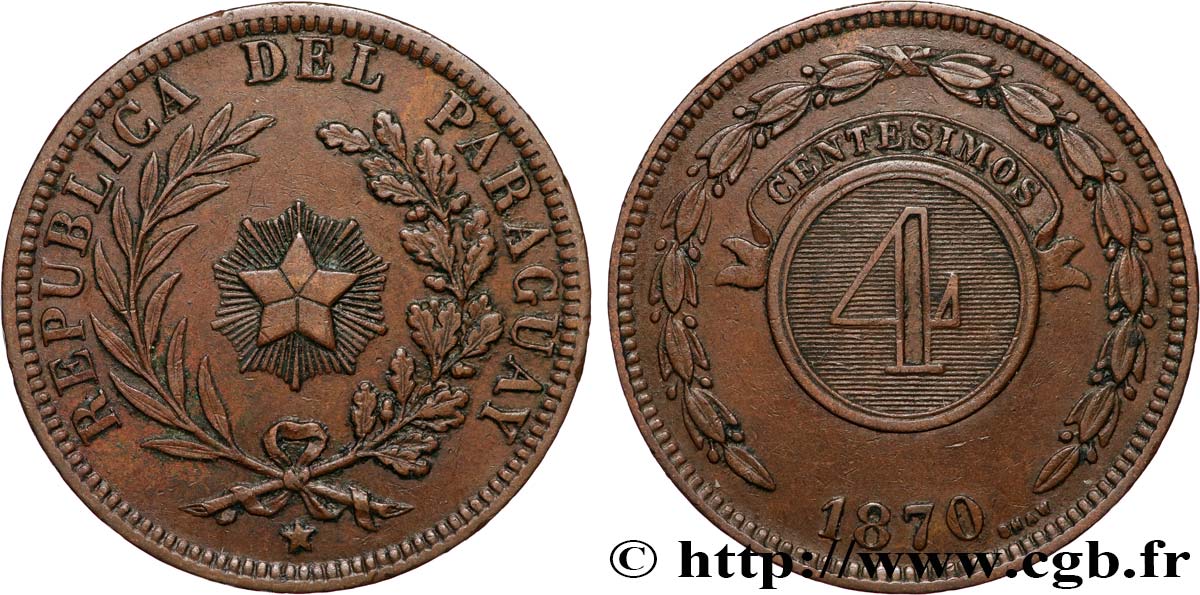 PARAGUAY 4 Centesimos 1870 Heaton SPL 