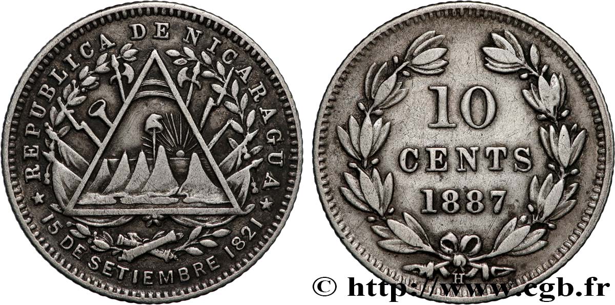 NICARAGUA 10 Centavos 1887 Heaton TTB 