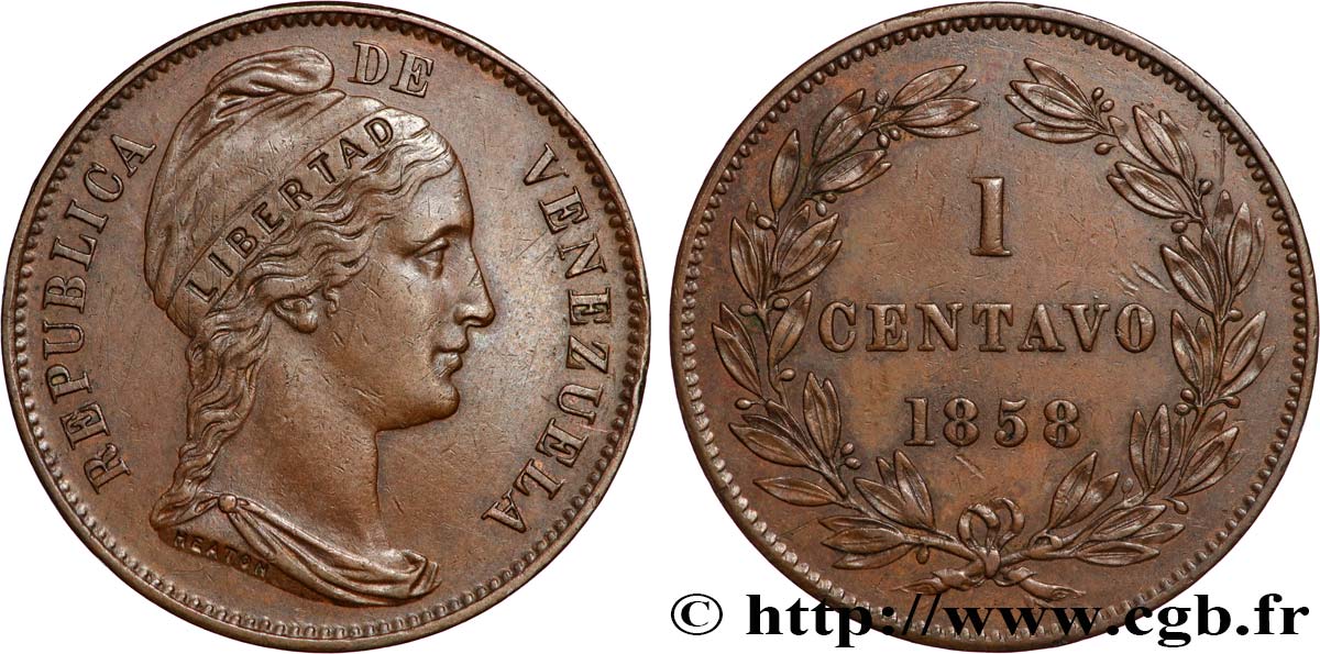 VENEZUELA 1 Centavo Liberté incuse 1858 Heaton SS 