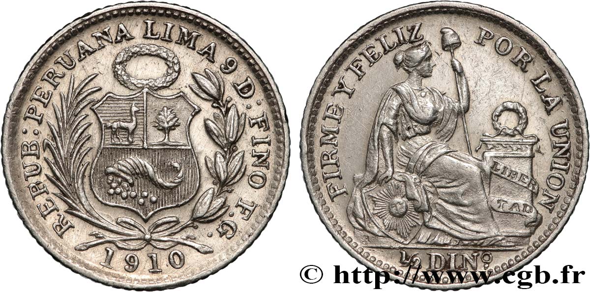 PÉROU 1/2 Dinero “Liberté” 1910 Lima TTB+ 