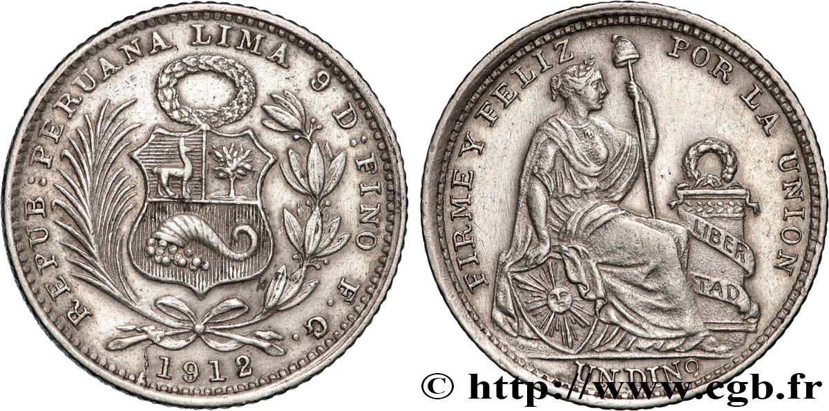 PERú 1 Dinero “Liberté”assise 1912 Lima EBC 