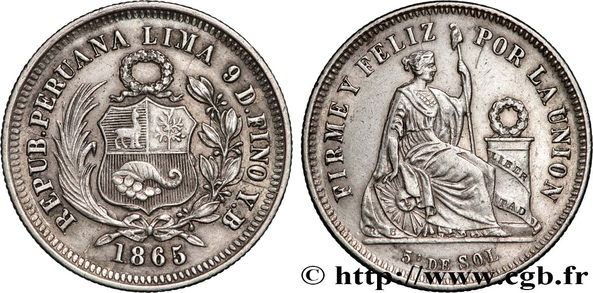 PERU 1/5 Sol “Liberté” assise 1865 Lima fVZ 