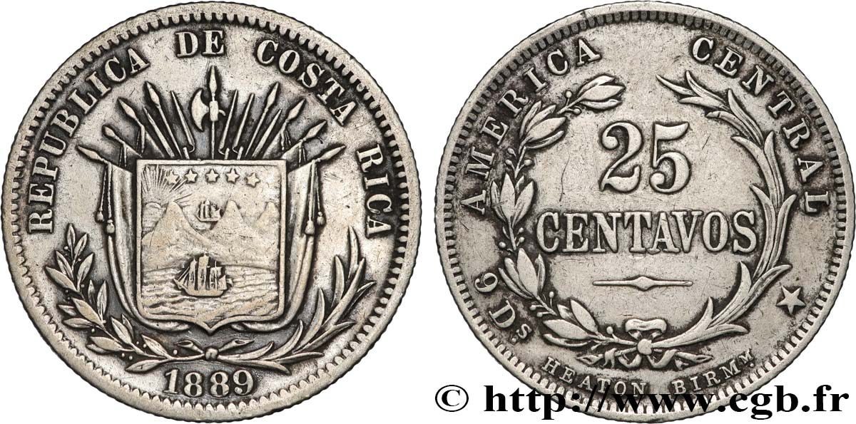 COSTA RICA 25 Centavos 1889 San José SS 