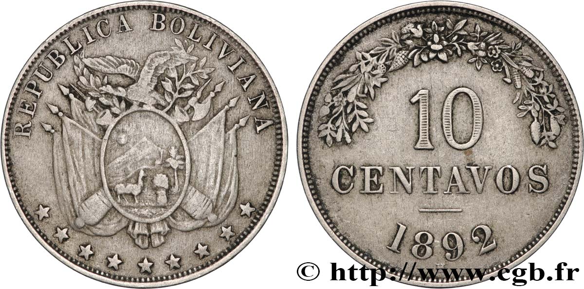 BOLIVIA 10 Centavos 1892 Heaton VF 