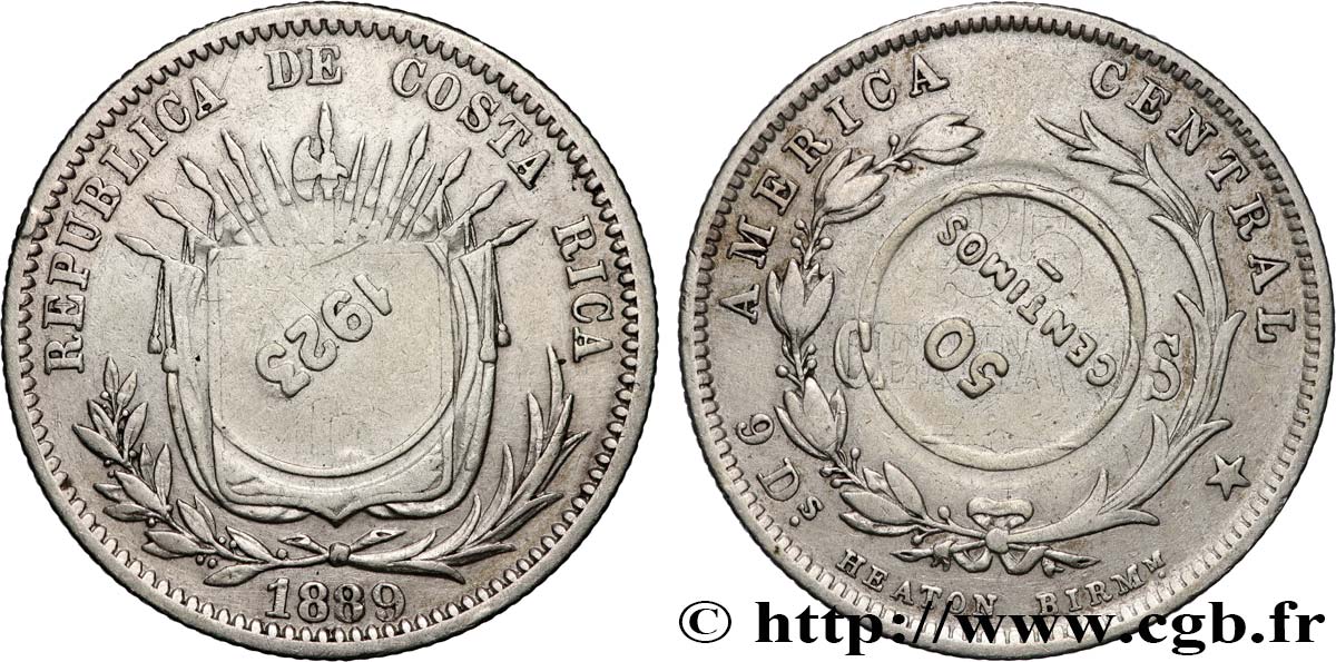 COSTA RICA 50 Centimos emblème surfrappe sur 25 Centavos 1889 1923 Heaton BB 