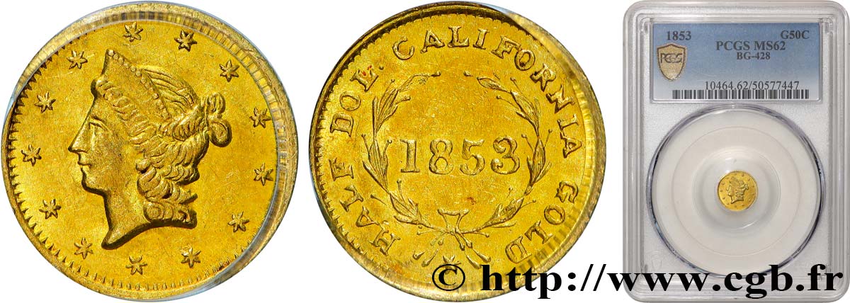 ÉTATS-UNIS D AMÉRIQUE 1/2 Dollar Or  Liberty head  California 1853 Philadelphie SUP62 PCGS