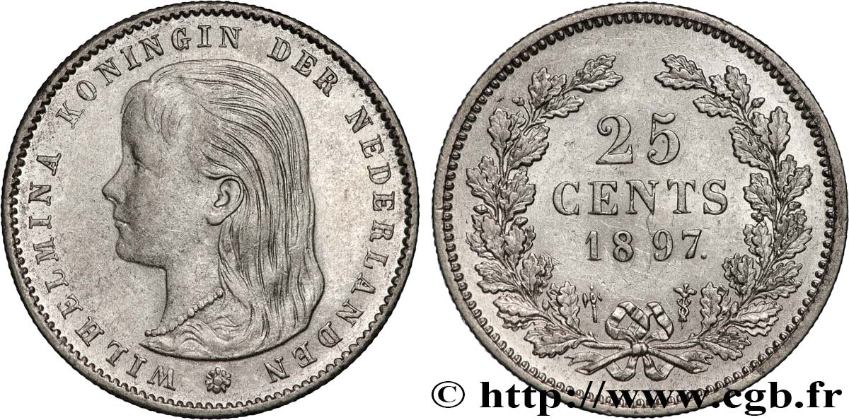 NETHERLANDS 25 Cents Wilhelmina 1897 Utrecht AU 