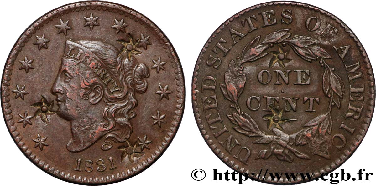 UNITED STATES OF AMERICA 1 Cent Liberté “Coronet head” variété grandes lettres 1831  XF 