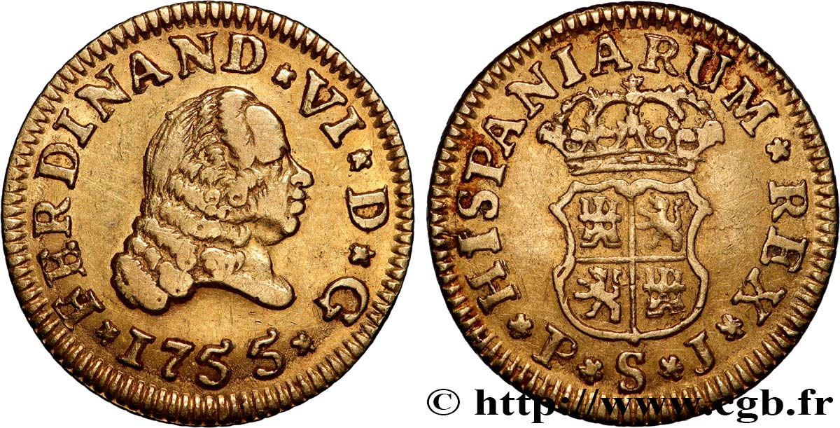 ESPAGNE - ROYAUME D ESPAGNE - FERDINAND VI 1/2 Escudo 1755 Séville TB+ 