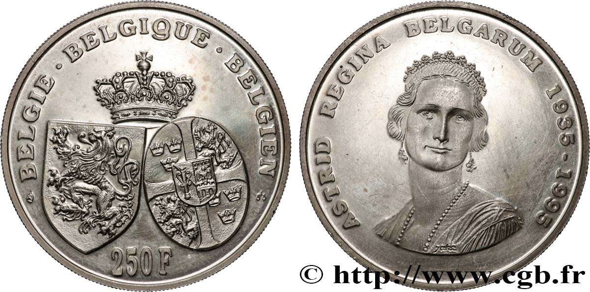 BELGIUM 250 Francs Proof mort de la reine Astrid 1995 Bruxelles MS 