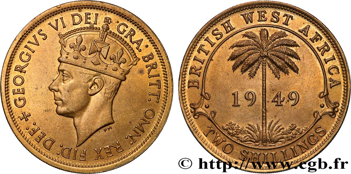 ÁFRICA OCCIDENTAL BRITÁNICA 2 Shillings Georges VI / palmier 1949 Kings Norton - KN EBC 