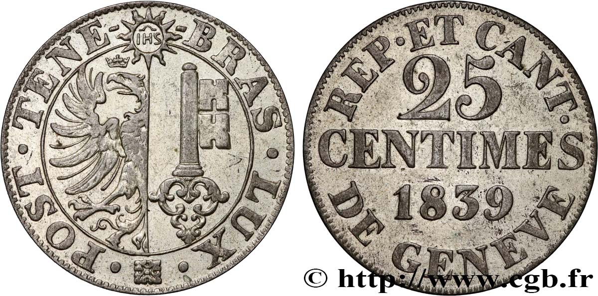 SVIZZERA - REPUBBLICA DE GINEVRA 25 Centimes 1839  q.SPL 