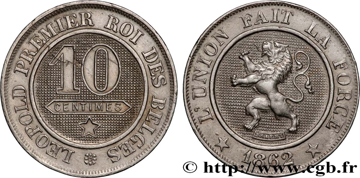 BELGIQUE 10 Centimes lion 1862  SUP 