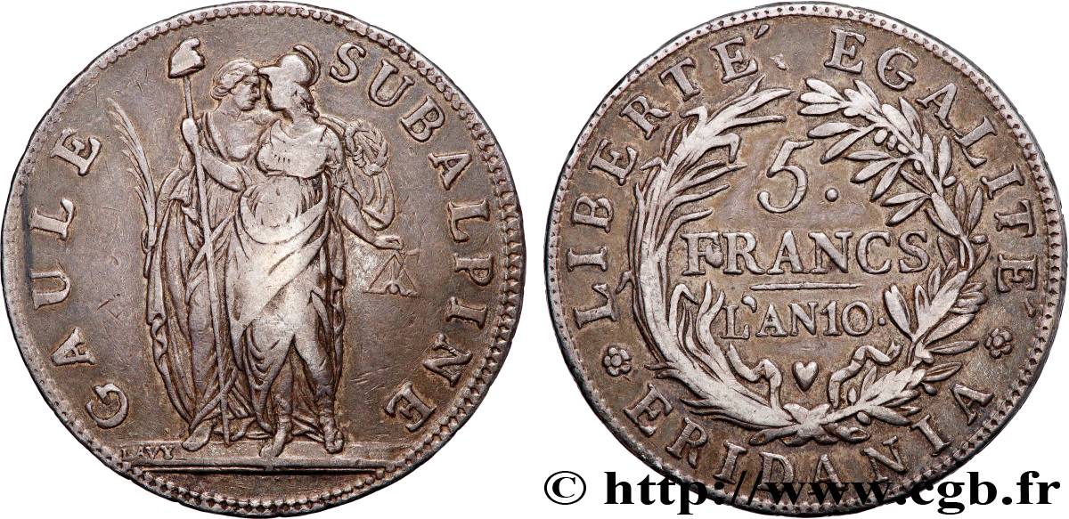 ITALIA - GALIA SUBALPINA 5 Francs an 10 1802 Turin BB 