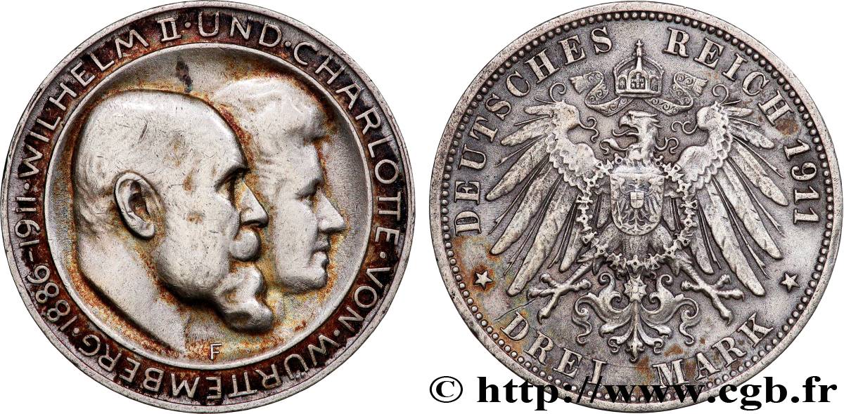 GERMANY - WÜRTTEMBERG 3 Mark Guillaume II et Charlotte 1911 Stuttgart AU 