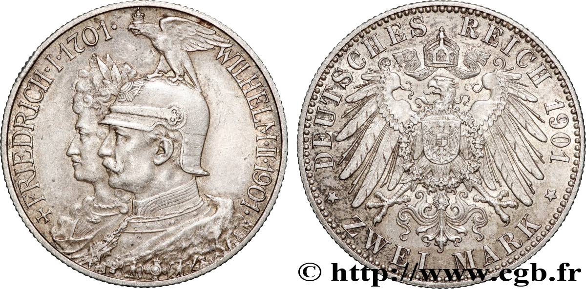 GERMANY - PRUSSIA 2 Mark Guillaume II 200e anniversaire de la Prusse 1901 Berlin AU 